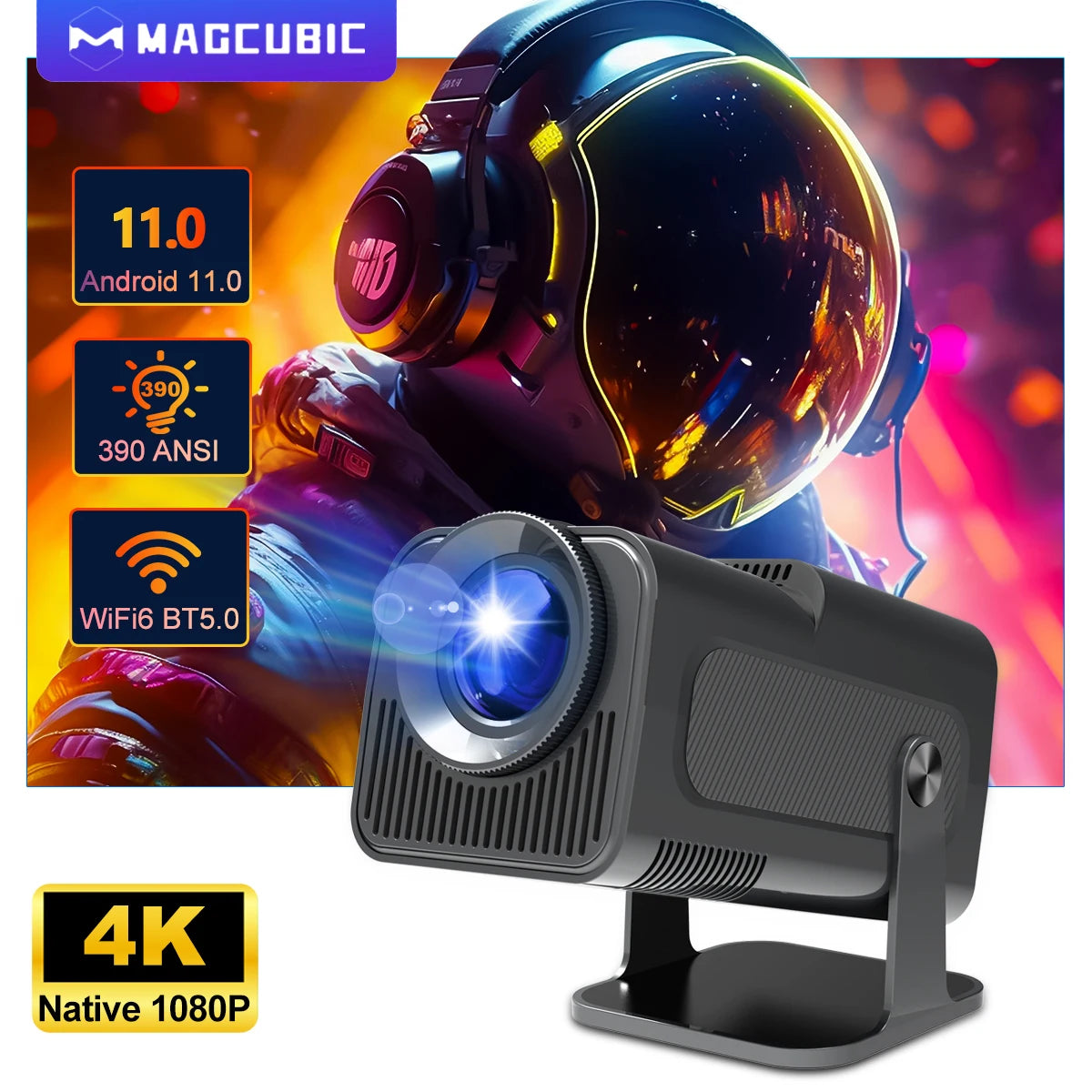 HY320 4K Supported Android 11 Projector | 390 ANSI, Native 1080P, WiFi 6, BT5.0, Portable Home Cinema