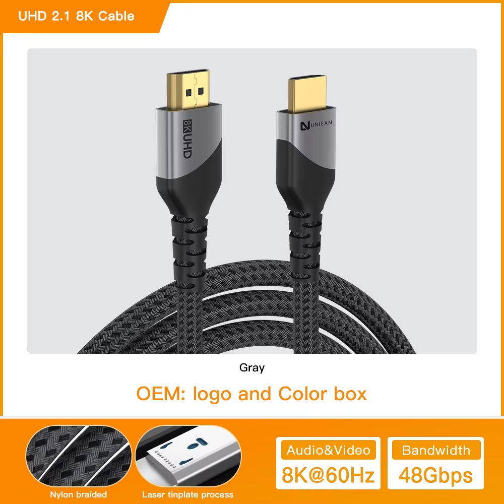 UNIEAN Factory Wholesale HD 2M 10M 2.1 UHD 48Gbps Video Cable Display Port to 8K 4K UHD Cable for Screen Projection to TV