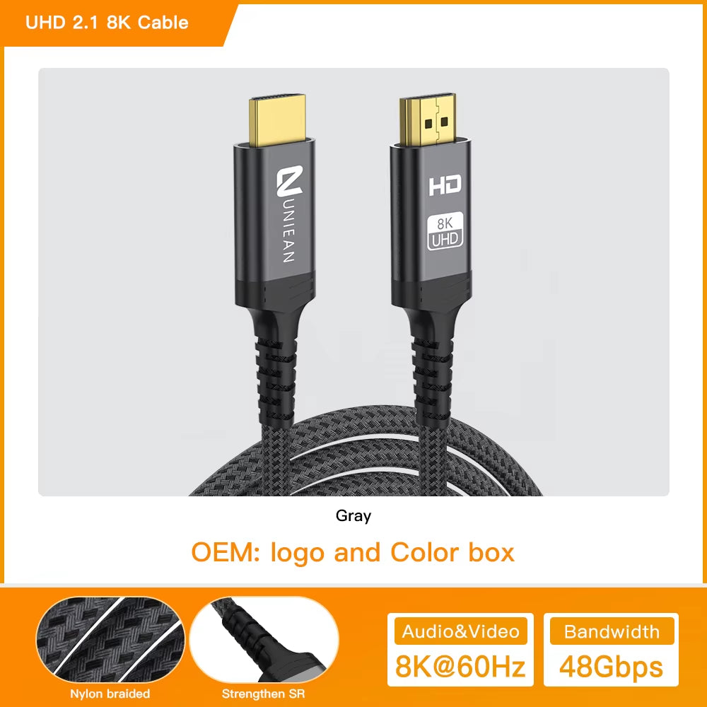 UNIEAN Factory Wholesale HD 2M 10M 2.1 UHD 48Gbps Video Cable Display Port to 8K 4K UHD Cable for Screen Projection to TV