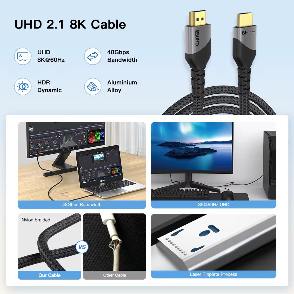 UNIEAN Factory Wholesale HD 2M 10M 2.1 UHD 48Gbps Video Cable Display Port to 8K 4K UHD Cable for Screen Projection to TV